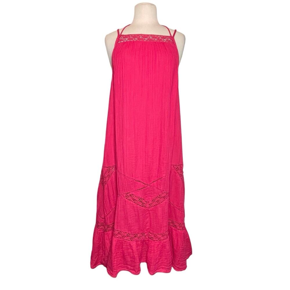 ANTHROPOLOGIE Women’s Boho Pink Lace Trim Crinkle Gauze Midi Dress - Picture 3 of 6